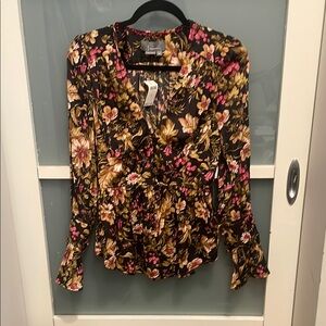 Anthropologie Black and Pink Floral Print Blouse, XS, NWT